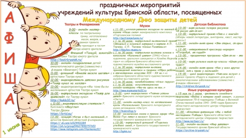 Афиша праздничных мероприятий учреждений культуры Брянской области, посвященных Международному Дню защиты детей